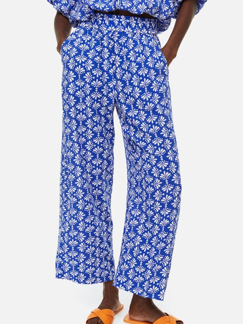 H&M Blue Patterned High-Waist Straight Pants | Size S